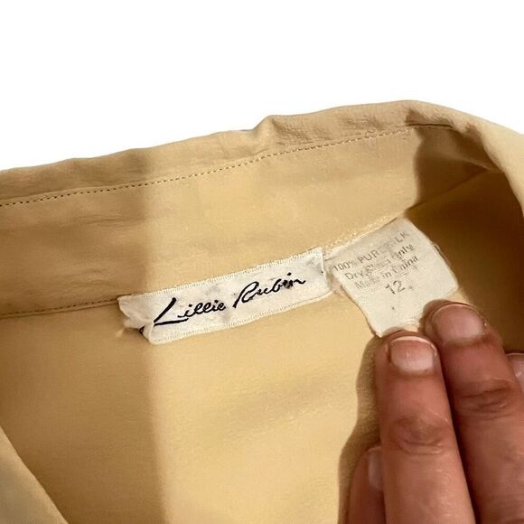 Lillie Rubin Sz 12 Yellow-Beige Silk Long-Sleeve Button-Down Blouse - Picture 12 of 13